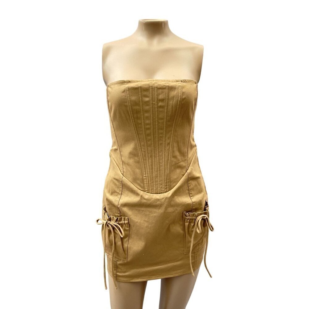 White Fox Women Strapless Tan Mini Corset Dress Side Pockets Large NWT